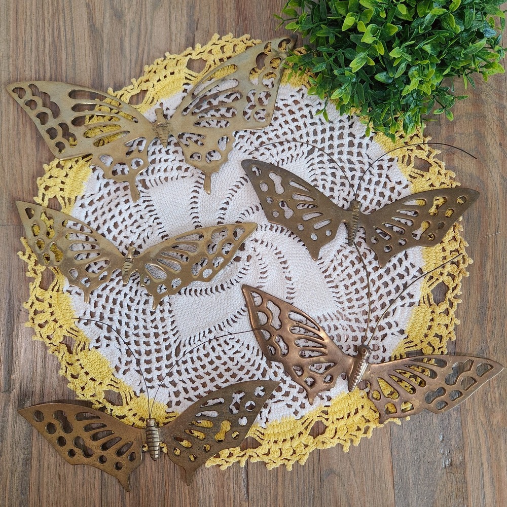 Vintage Solid Brass Butterfly Wall Hanging Decor Set of 5 Boho Whimsical MCM